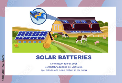 Solar Batteries in Agriculture Banner. Animal Farm with Photovoltaic Panels on Roof Vector Illustration. Alternative Renewable Energy Ecology Protection. Green Ecological Technology