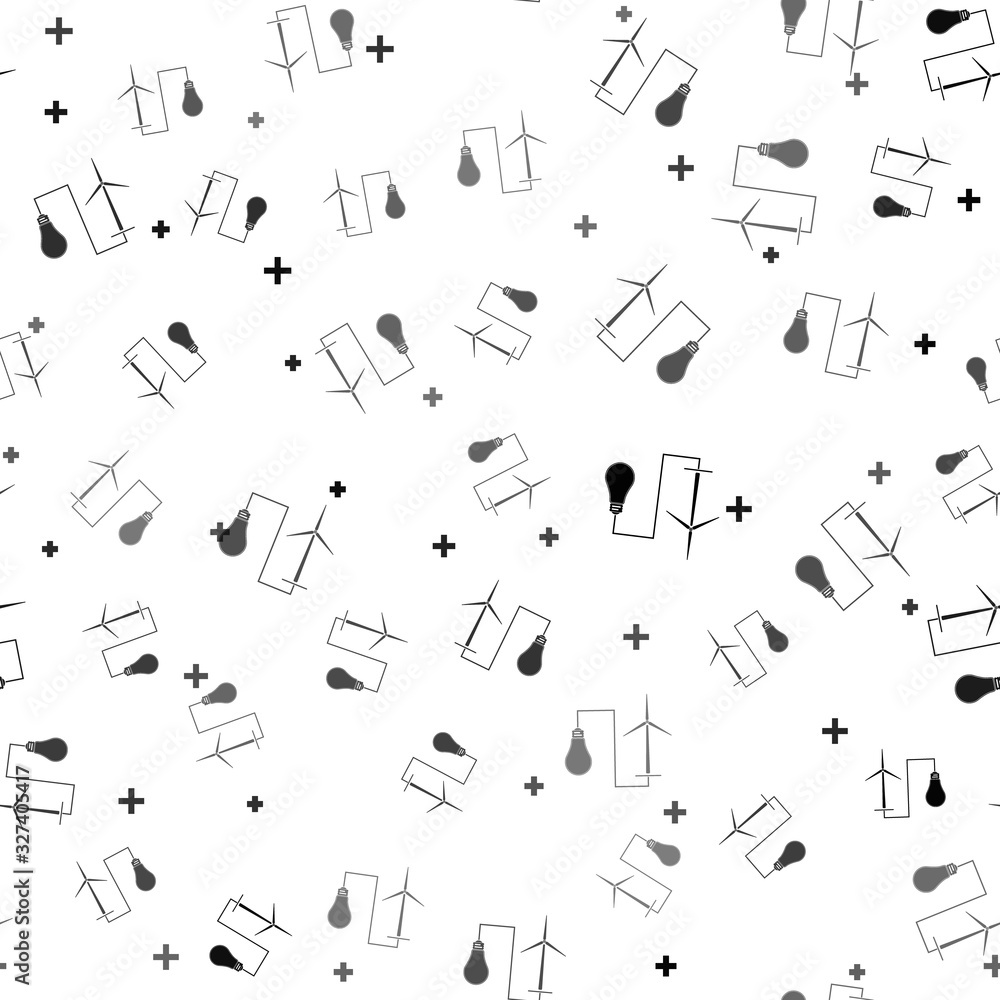 Black Wind mill turbine generating power energy and light bulb icon isolated seamless pattern on white background. Alternative natural renewable energy production using wind mills. Vector Illustration Black Wind mill turbine generating power energy and light bulb icon isolated seamless pattern on white background. Alternative natural renewable energy production using wind mills. Vector Illustration