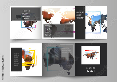 Vector layout of square format cover templates for trifold brochure, flyer, cover design, book design, brochure cover. Design template in the form of world maps and colored frames, insert your photo. photo