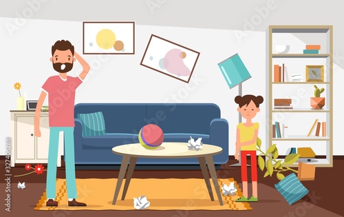 Shocked Father with his Daughter Looking at Mess in Living Room Flat Cartoon Vector Illustration. Broken Furniture, Rubbish, Flowers from Vase on Floor. Ball on Table. Displeased Girl.