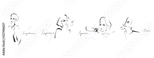 Set of zodiac signs symbols. Portraits of beautiful women. Hand-drawn and calligraphic elements. Vector