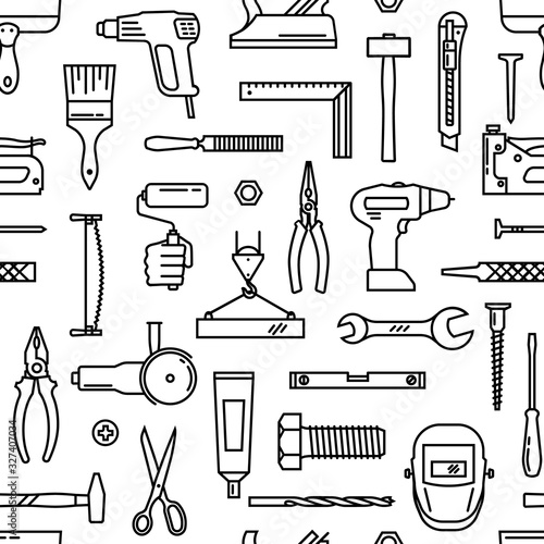A seamless pattern of various tools for construction