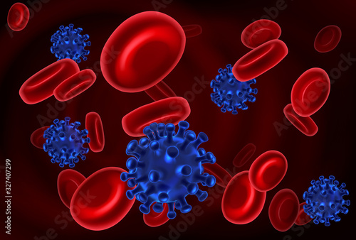 A medical concept illustration of virus cells like corona virus and red blood cell molecules
