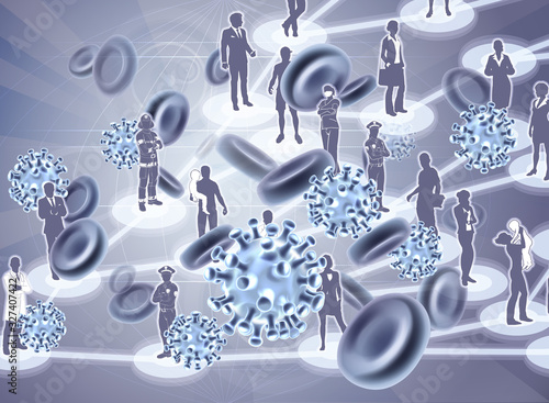A virus epidemic spreading concept with stylised virus cells, like corona virus, and red blood cell molecules spreading between a network of people.