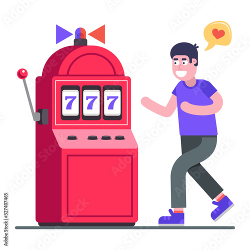 man addicted to gambling slot machines. lover of excitement. Flat character vector illustration.