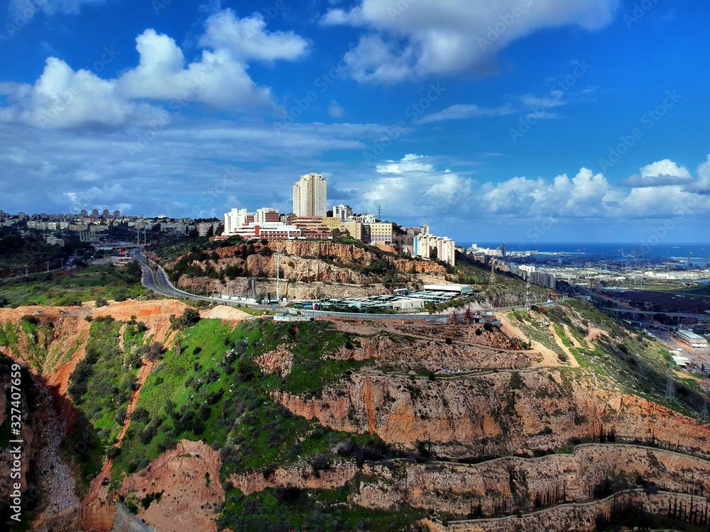 Areial view of  Haifa from the east and the neighborhood of Nesher 