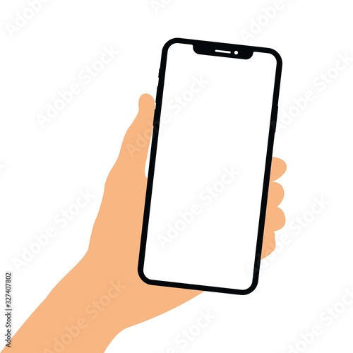 Hand holding Smartphone mockup. İphone X frameless smartphone mockup with white screen. Isolated on white and black background. Vector illustration photo