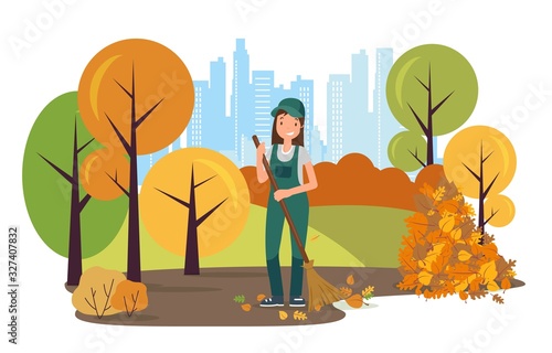 Woman Janitor Sweeping Road from Leaves with Broom Flat Cartoon Vector Illustration. Street Cleaner Character Wearing Uniform in Park. Autumn Season. Fallen Leaves Piles. City Background.