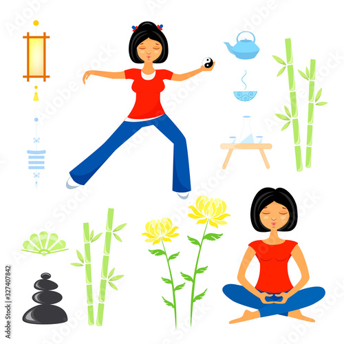 set of elements on the theme of yoga, qigong and tai chi