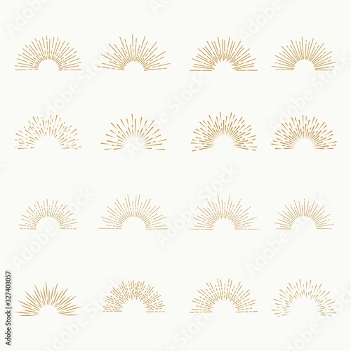 Set of Vintage Sunbursts gold style, isolated on white background for logo, tag, stamp, t shirt, banner, emblem. Vector Illustration