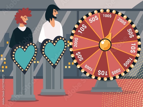 Couple of Love Show Participants Characters Stand on Podiums with Glowing Heart Decoration near of Fortune Wheel, Lottery Game on Television Chanel, Entertainment. Cartoon Flat Vector Illustration