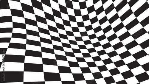 Optical illusion wave. Chess waves board. Abstract 3d black and white illusions. Horizontal lines stripes pattern or background with wavy distortion effect. Vector illustration.