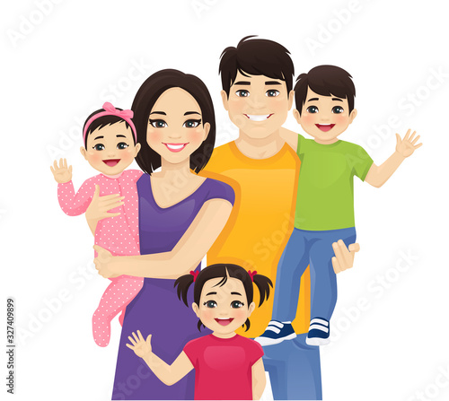 Parents with newborn baby, toddler boy and girl vector illustration isolated. Happy asian family portrait. Mother, father, daughter, son.