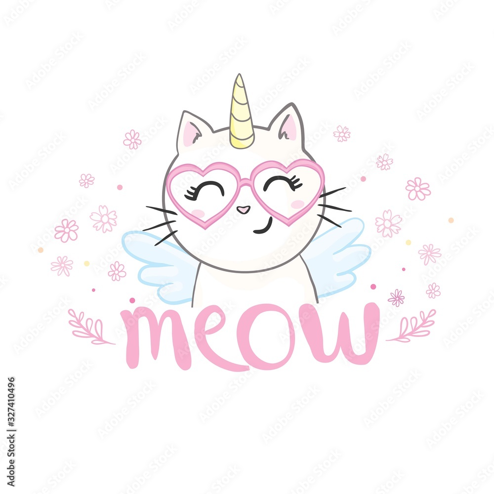 Cute image of a lying cat with a horn unicorn. It can be used for sticker, patch, phone case, poster, t-shirt, mug etc. Cute image of a lying cat with a horn unicorn. It can be used for sticker, patch, phone case, poster, t-shirt, mug etc.
