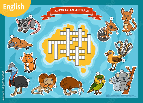 Vector crossword in English, education game for children. Cartoon animals of Australia