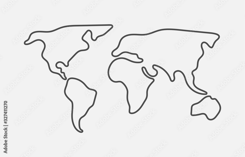 World map. Hand drawn simple stylized continents silhouette in minimal line outline thin shape.