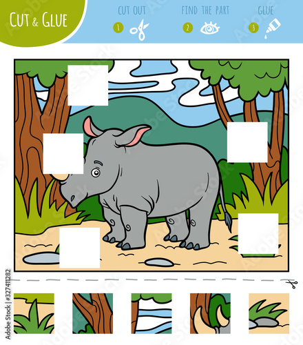 Find the missing pieces, jigsaw puzzle game. Cut and glue squares. Rhino and african background