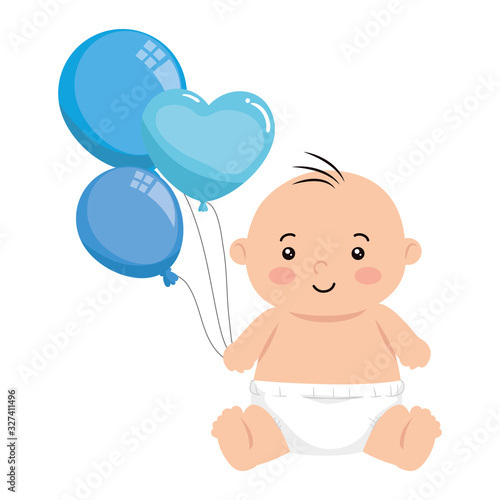 cute little baby boy with balloons helium isolated icon vector illustration design