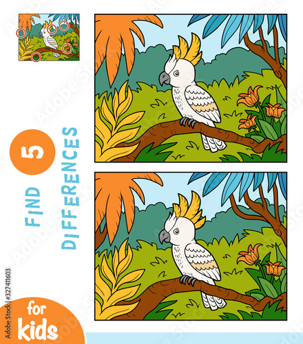 Find differences, education game for children, Cockatoo parrot in the rainforest