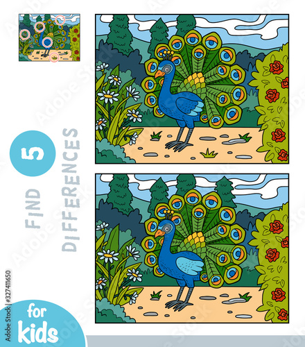 Find differences, education game for children, Peacock in the royal park