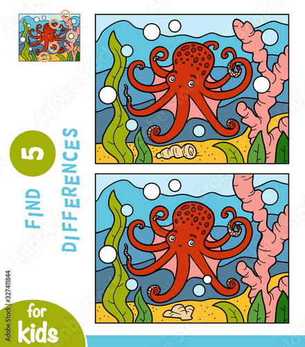 Find differences, education game for children, Octopus in the sea
