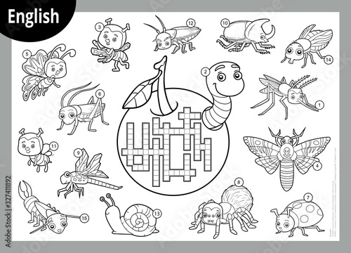 Vector black and white crossword in English. Cartoon set of insects and little animals
