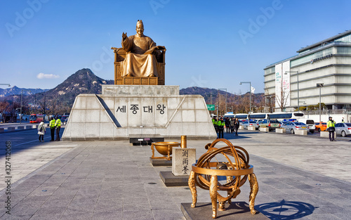 Statue of the King Sejong on Gwanghwamun square in Seoul photo