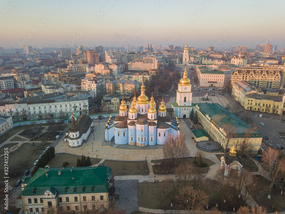 Aerial drone view. St. Michael's Cathedral in Kiev in the rays of the rising sun.