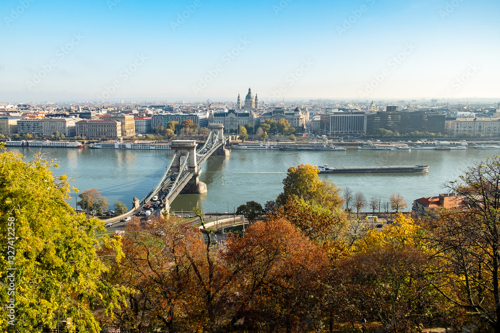 Panoramic view to the chain bridge and St. Stephen's Basilica, Budapest, Hungary.