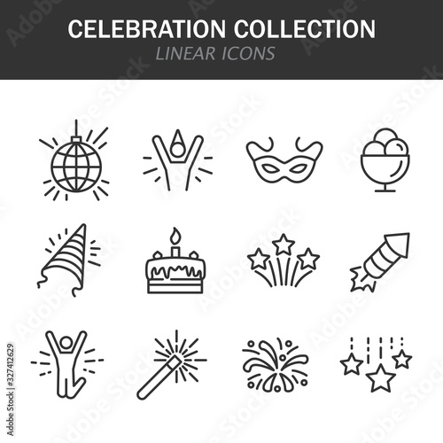 Celebration collection linear icons in black on a white background