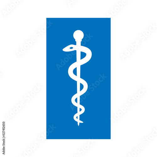 Rod of Asclepius pharmacy white on blue background vector icon. Health or medicine symbol snake.