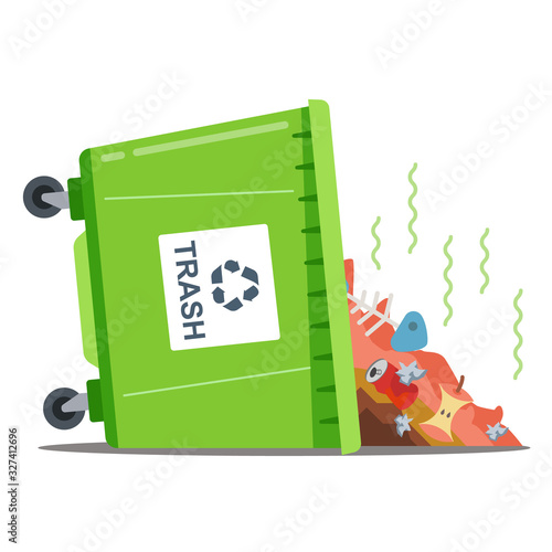 inverted waste bin with stinking waste. flat isolated vector illustration