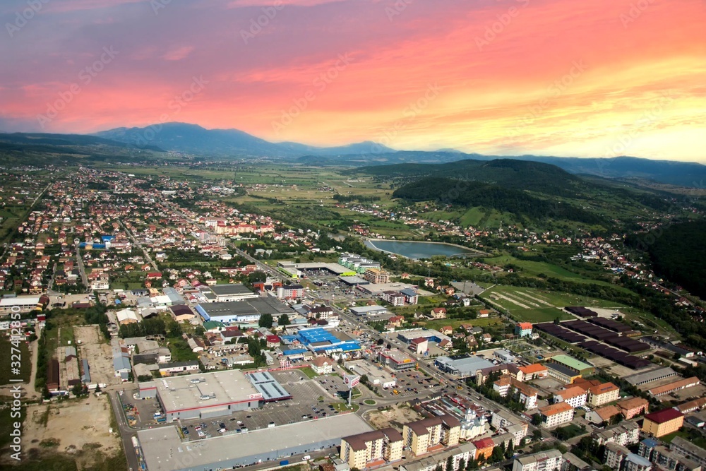 ROMANIA Bistrita view from the plane,august 2019-Sunset, sunrise over the city of Bistrita