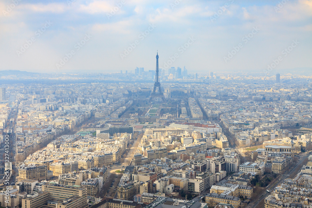 Wide panorama of Paris with Eiffel tower at background