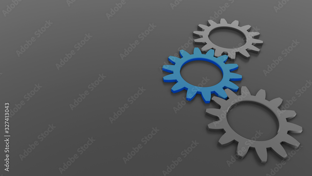 Abstract background of 3 gears on right side, one blue on grey background empty space for text