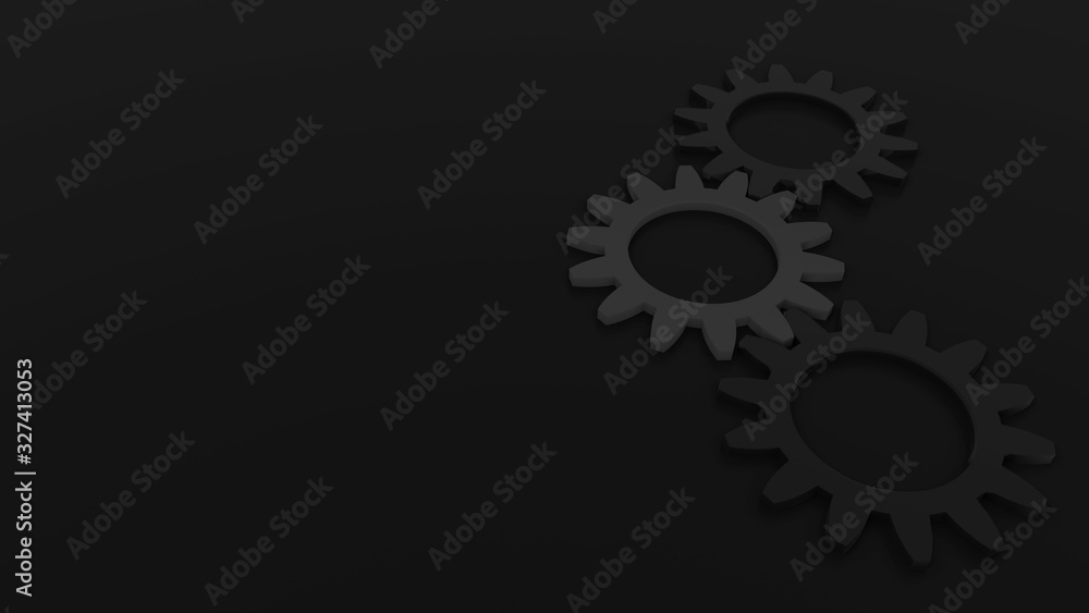 Abstract black background of 3 gears on right side on grey background empty space for text Abstract black background of 3 gears on right side on grey background empty space for text