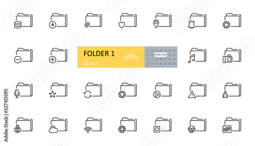 Vector set of folder icons. 25 images with editable strokes - reminder, music, alarm clock, star, plus, minus, wifi, lens, warning, camera, character, calendar.