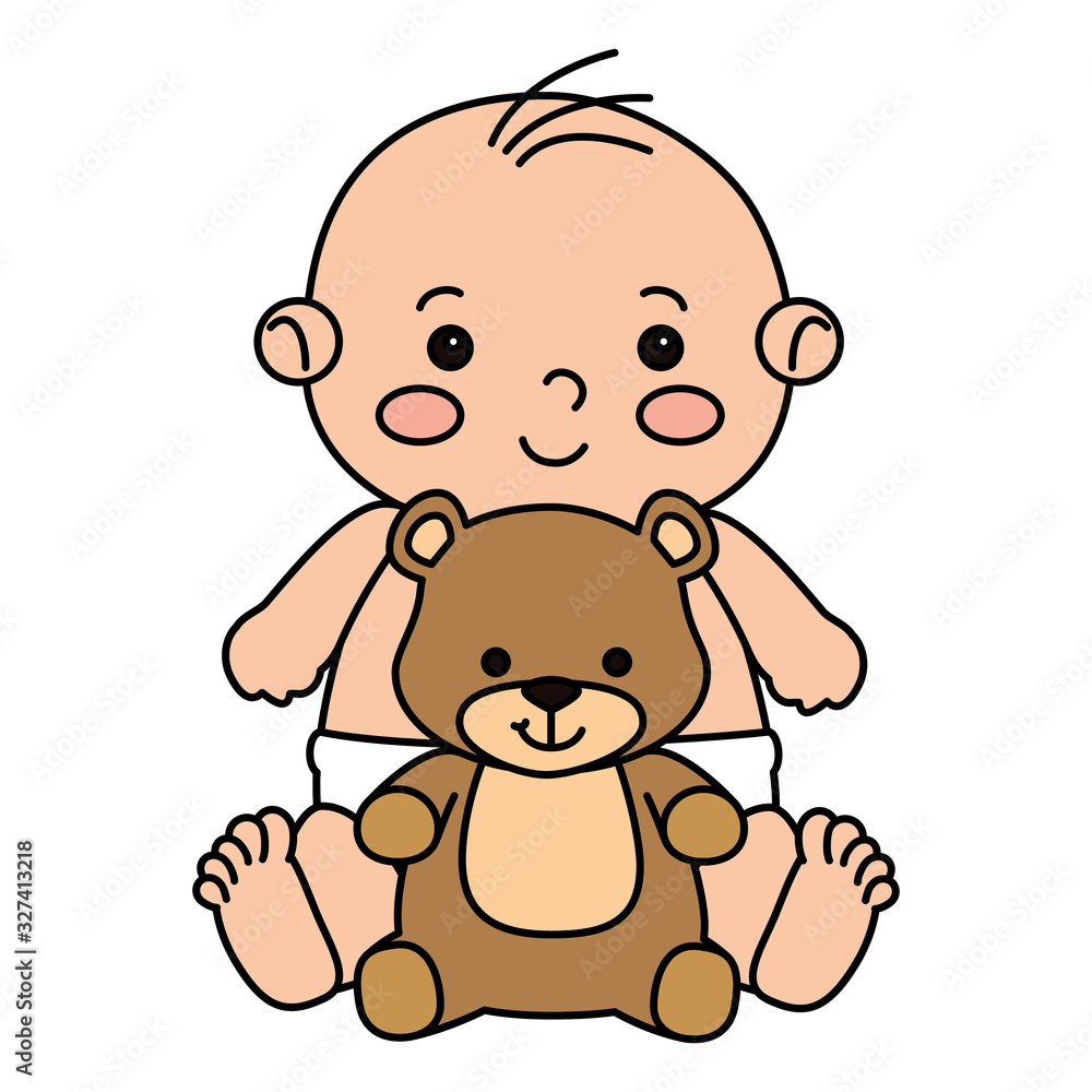 Fototapeta premium cute little baby boy with teddy bear vector illustration design
