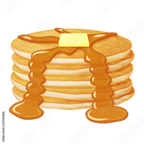 Tasty pancakes with butter. Object for packaging, advertisements, menu. Isolated on white. Vector illustration. Realistic.