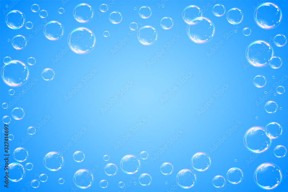 Soap bubbles frame on blue background. Vector illustration