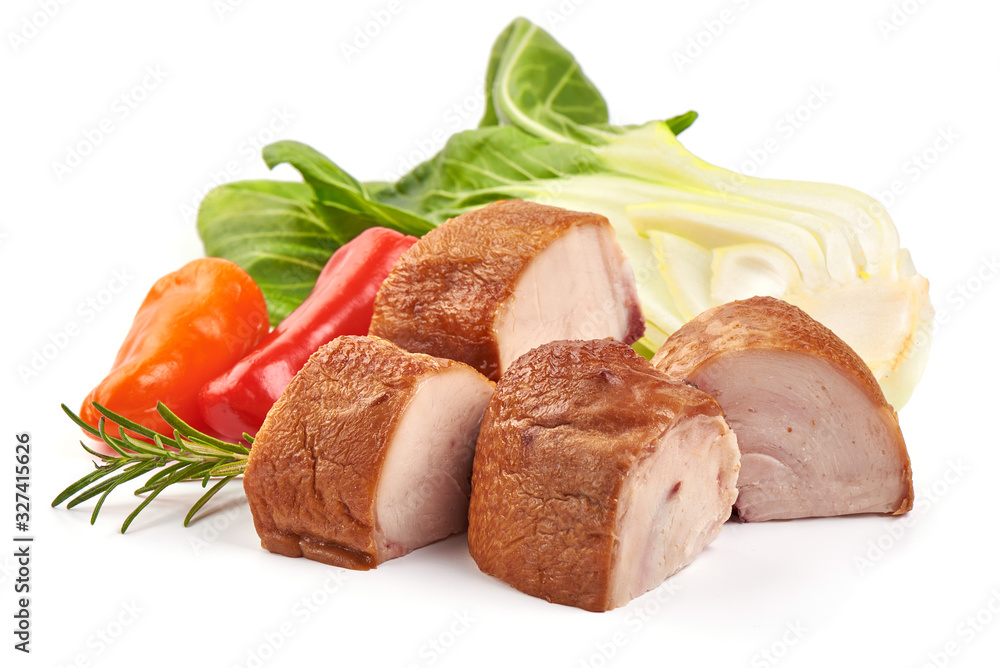 Sliced smoked chicken, isolated on white background Sliced smoked chicken, isolated on white background