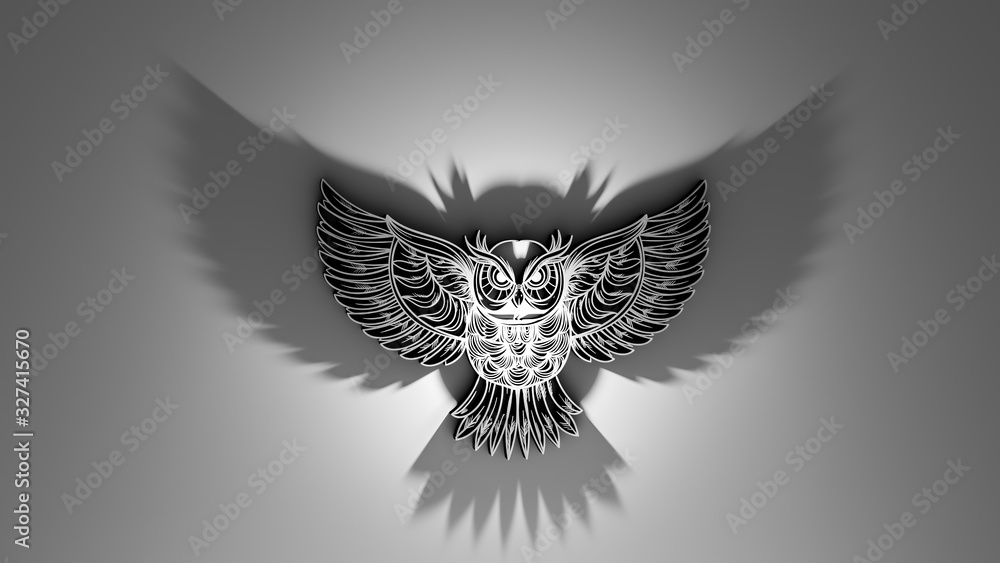 Obraz premium Owl on the wall on a dark background. Play of light and shadow. Wallpaper on the theme of birds.