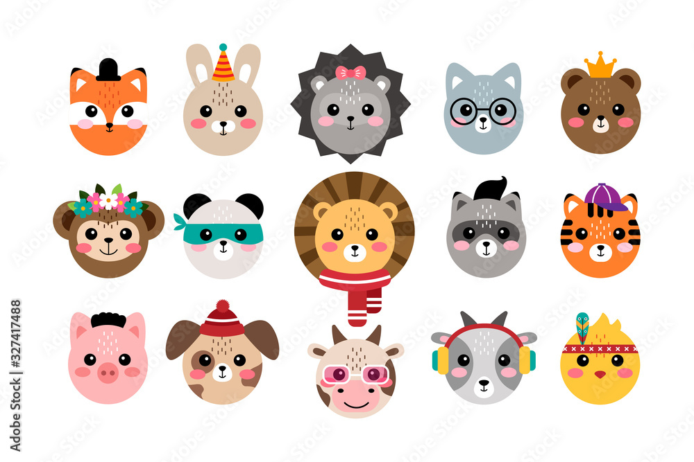 Kawaii set cute animal portraits vector illustration