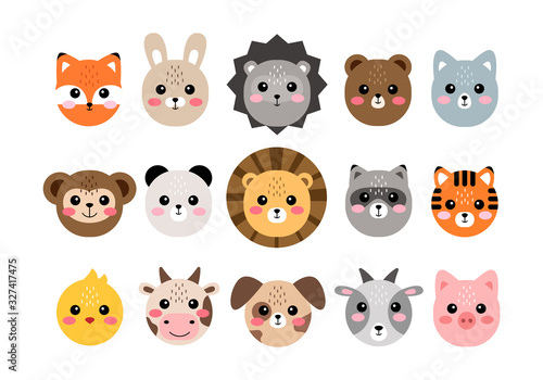 Fototapeta Naklejka Na Ścianę i Meble -  Cute animal faces. Hand drawn characters vector illustration