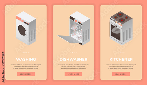 Kitchen equipment and household appliances vector mobile app screens.