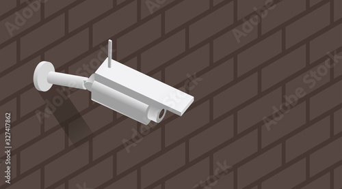 White surveillance camera on the brick wall isometric vector illustration.