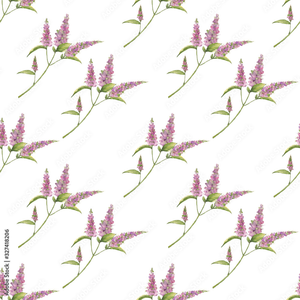 Pattern from handmade watercolor purple flower on a white background. Use for menus, invitations, menus, weddings Pattern from handmade watercolor purple flower on a white background. Use for menus, invitations, menus, weddings