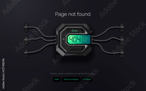 Error 404. Web page template, page not found. A futuristic device with the image of digital signature 404 on the display. Vector illustration on a black background.