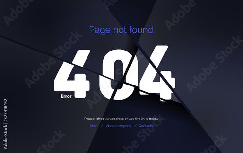 Error 404. Web page template, page not found. Page 404 broken into pieces. Vector illustration on a black background.