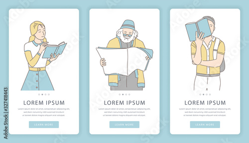Reading and learning vector mobile app screens. People reading books, newspapers, magazines.